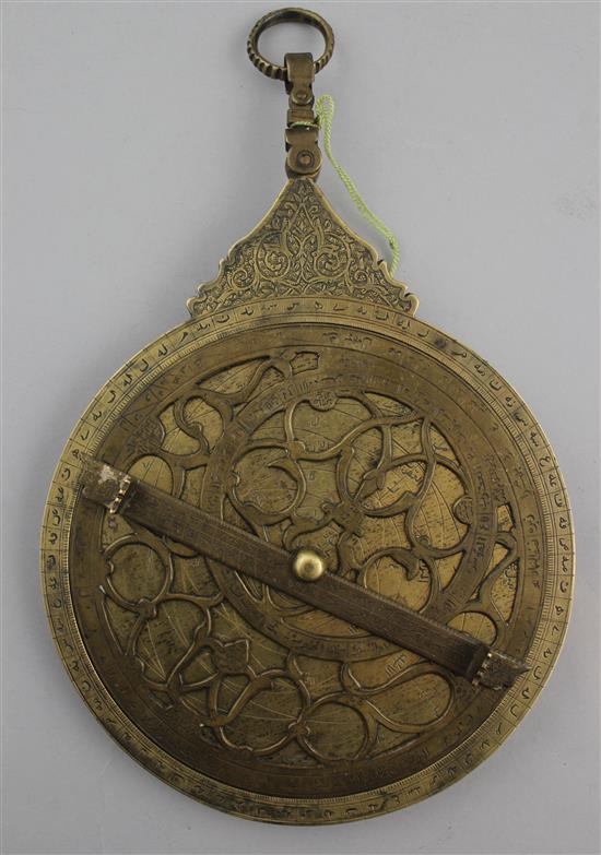A Persian engraved brass astrolabe, probably 19th century, 6in.